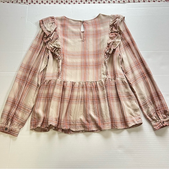 Loft Outlet Medium Pink Plaid Peplum Ruffle Top Blouse Long Sleeve 100% Viscose - Picture 2 of 7
